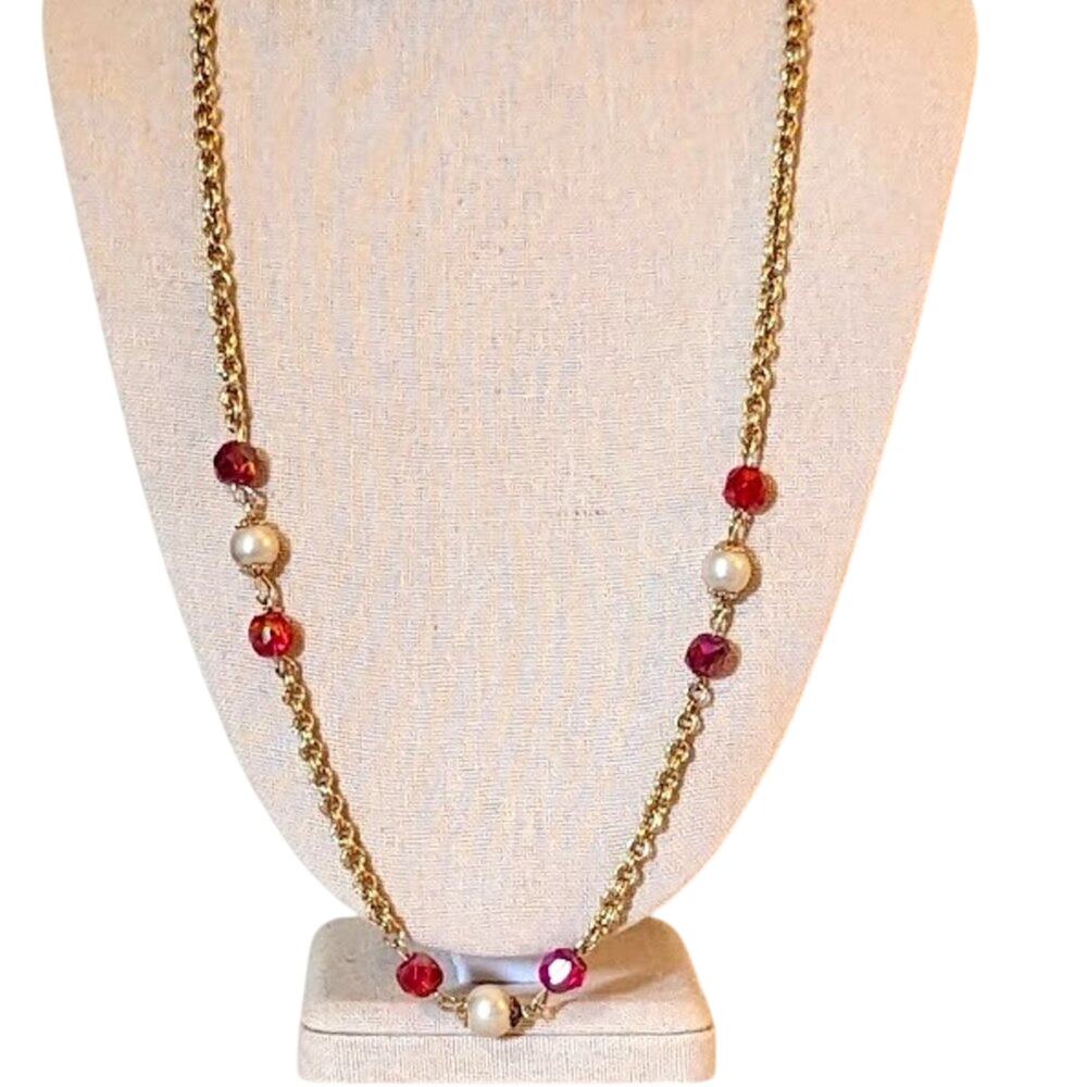 Coro Vintage Gold Tone Chain Necklace with Red AB Crystals Faux Pearl Stations